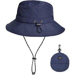 Unisex Blue Nylon Mesh Wide Brim Boonie With Chin Strap Packable Bucket Sun Hat